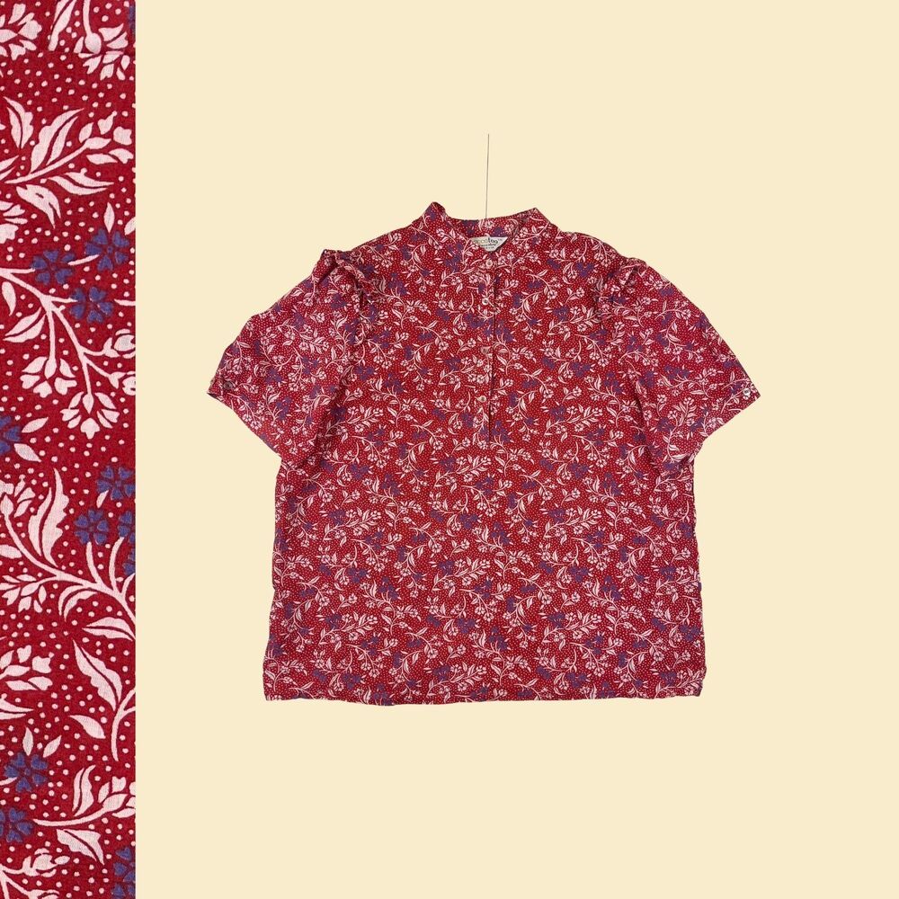 1970s abstract floral top by Ecco Bay, size 40 vintage red & purple blouse